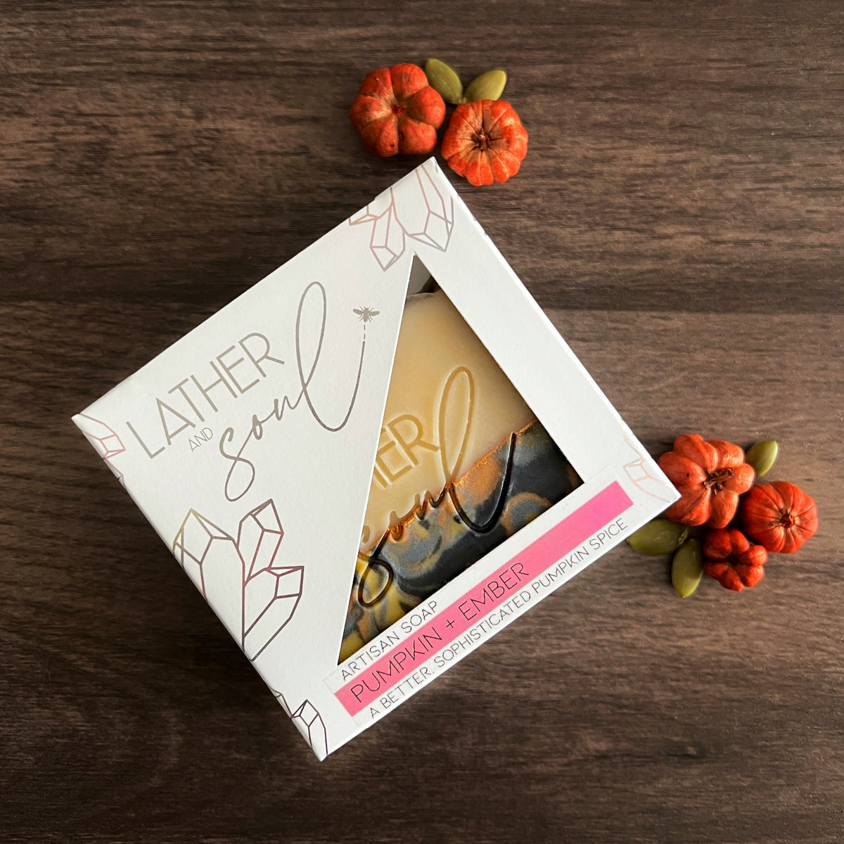 "Pumpkin + Ember" artisan soap, handmade by Lather and Soul