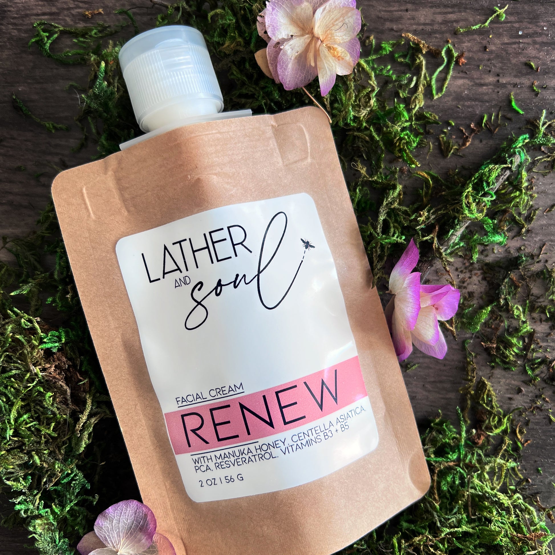 "Renew" Facial Cream, now in eco friendly pouch packaging, from Lather and Soul
