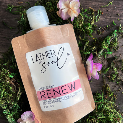 "Renew" Facial Cream, now in eco friendly pouch packaging, from Lather and Soul