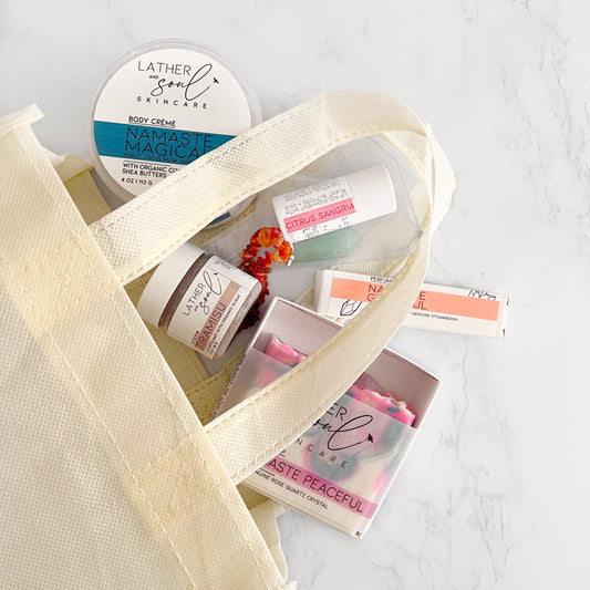 Mystery Bag of Lather and Soul products in a reusable tote. Each bag has at least $65 worth of product at a discount