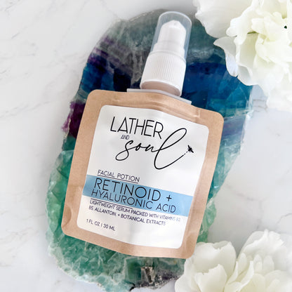 Hyaluronic acid facial serum with a gentle form of retinoid, safe for even sensitive skin