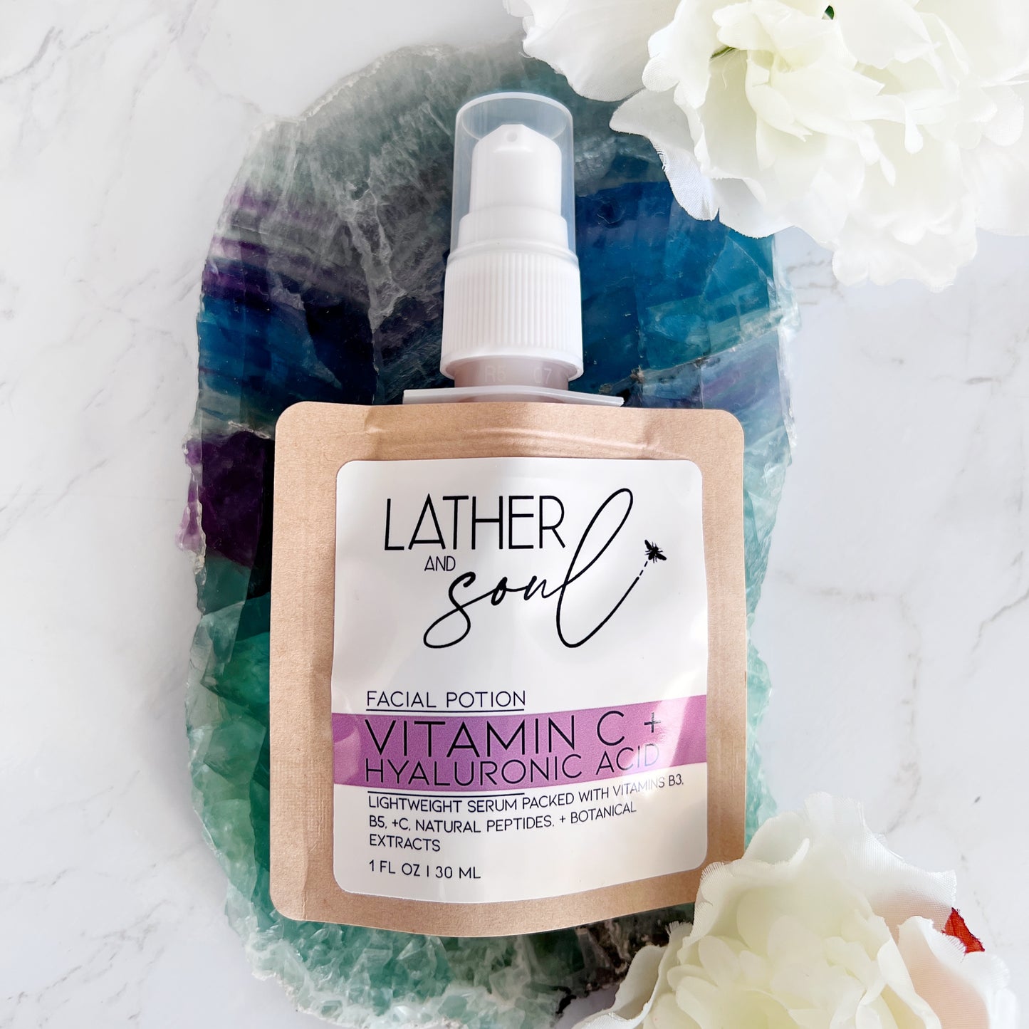 Vitamin C serum with hyaluronic acid made by Lather and Soul Skincare