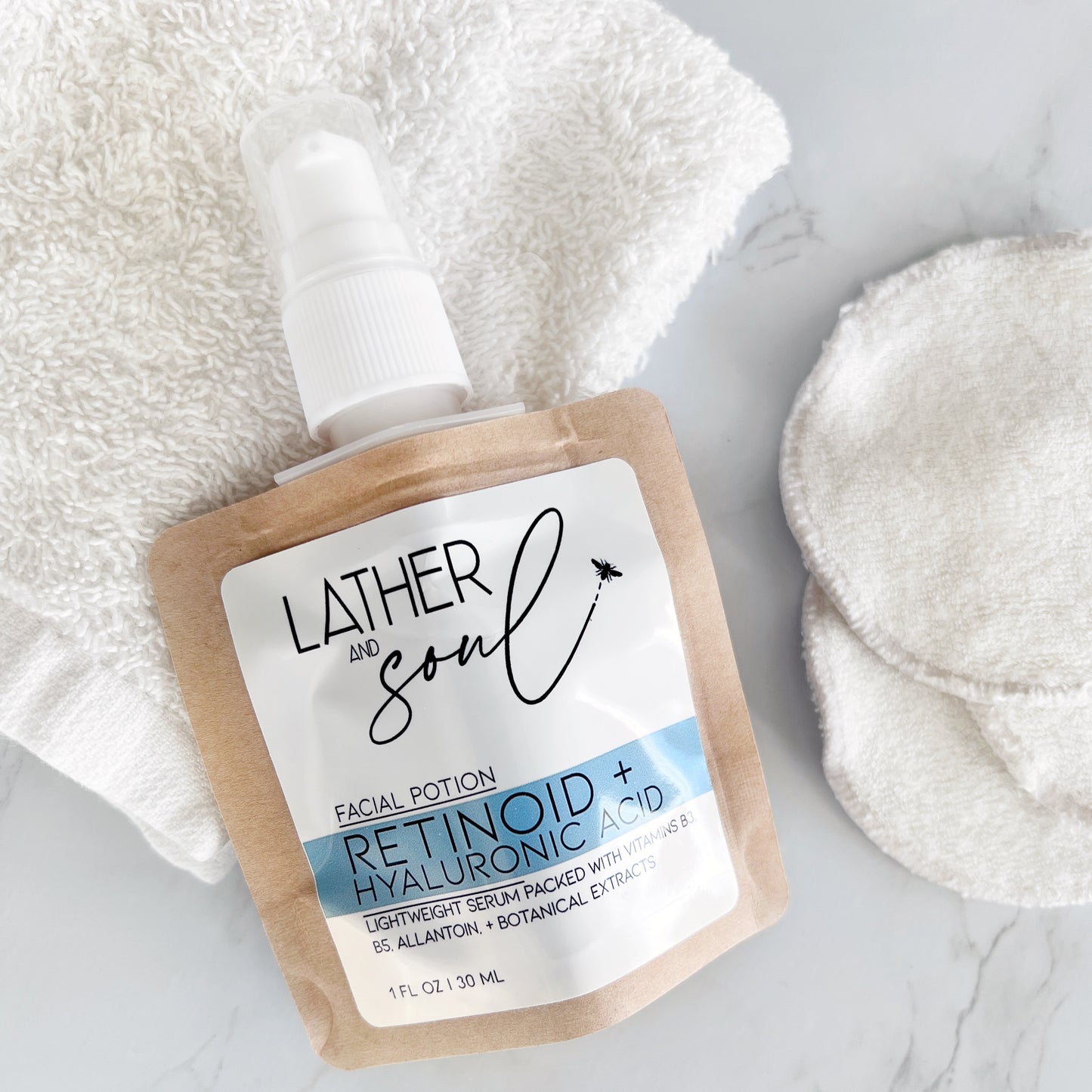 Retinoid serum from Lather and Soul Skincare, in eco friendly pacakaging