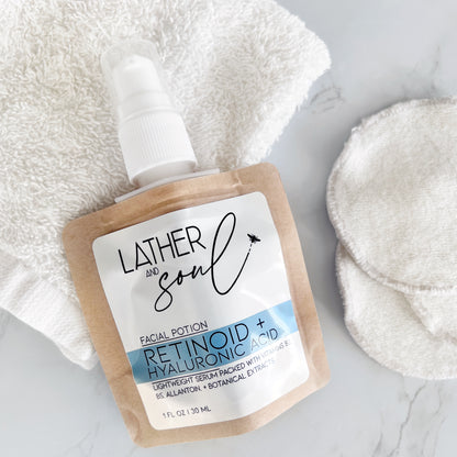 Retinoid serum from Lather and Soul Skincare, in eco friendly pacakaging