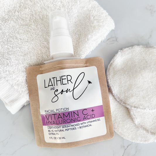 Vitamin C serum with hyaluronic acid made by Lather and Soul Skincare, packaged in eco friendly pouch