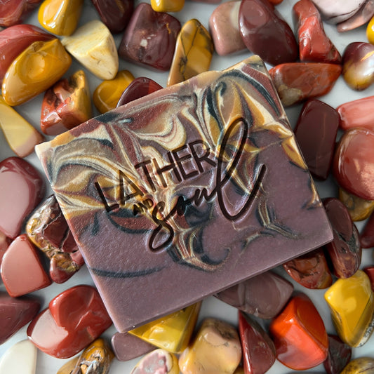 Mookaite crystal soap, handmade by Lather and Soul
