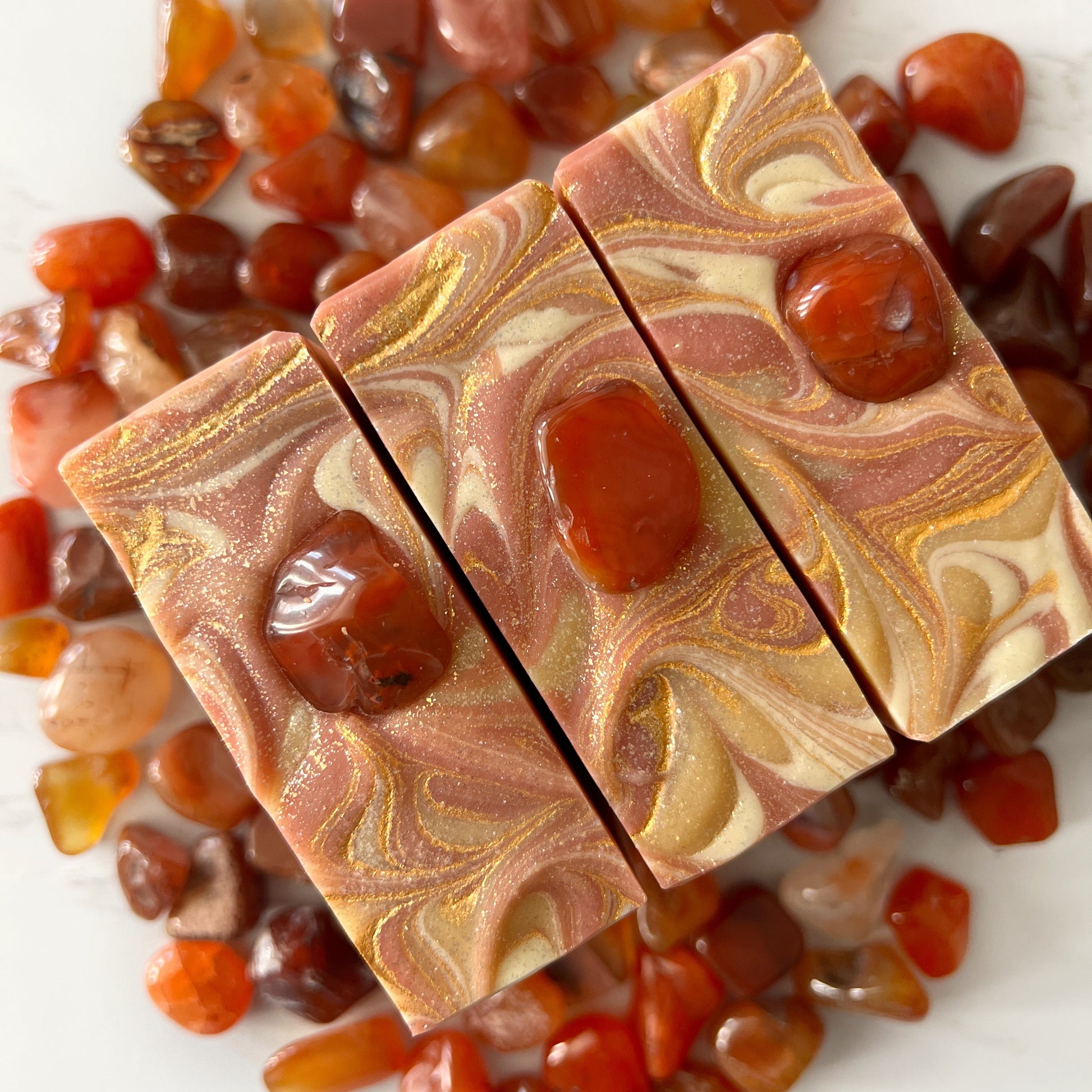 Namaste Fearless crystal soap with genuine red carnelians.