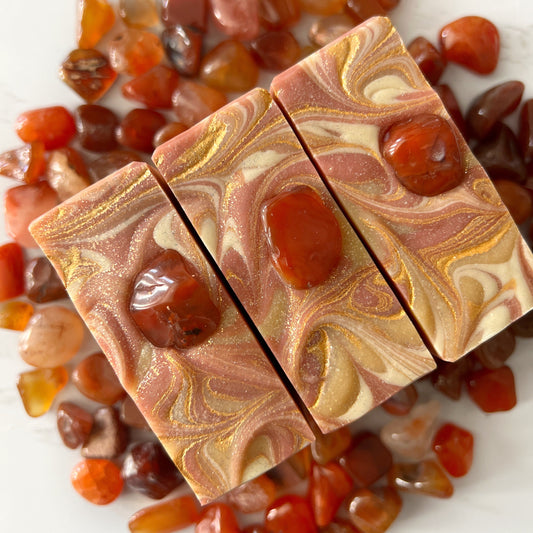Namaste Fearless crystal soap with genuine red carnelians.