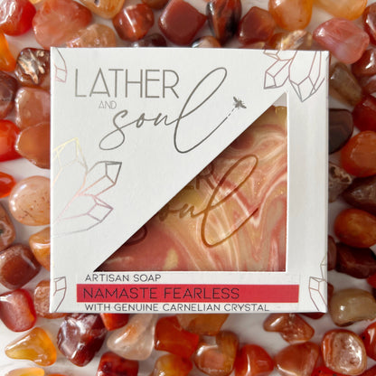 Crystal soap with Carnelian crystals, handmade by Lather and Soul