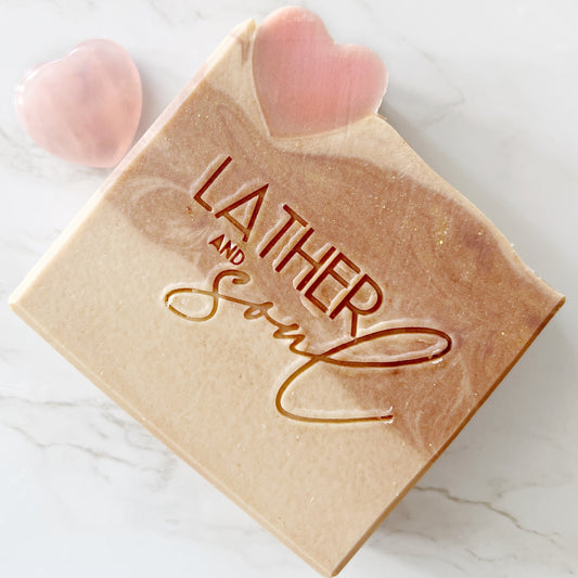 Organic and vegan artisan soap, smells like pink marshmallow, sweet vanilla, strawberry, and amber.