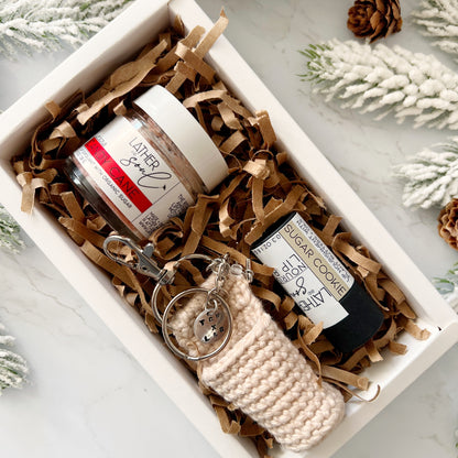 Holiday gift set with crochet lip balm holder, Sugar Cookie lip balm, and Candy Cane lip scrub.