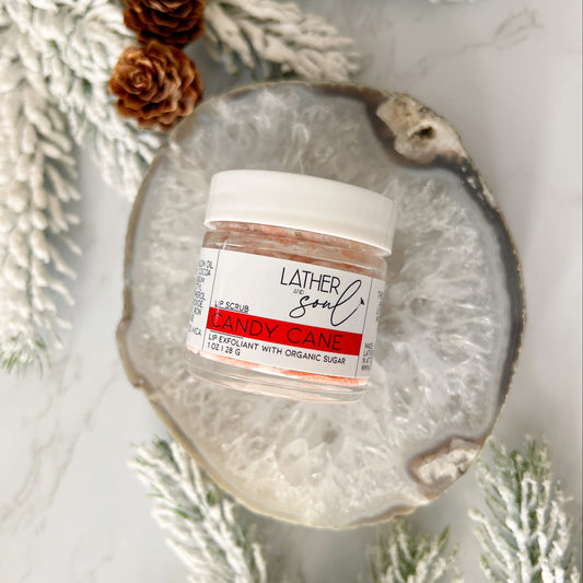 The perfect winter accessory: smooth lips with Lather + Soul's Candy Cane lip scrub with Fair Trade and organic sugar.