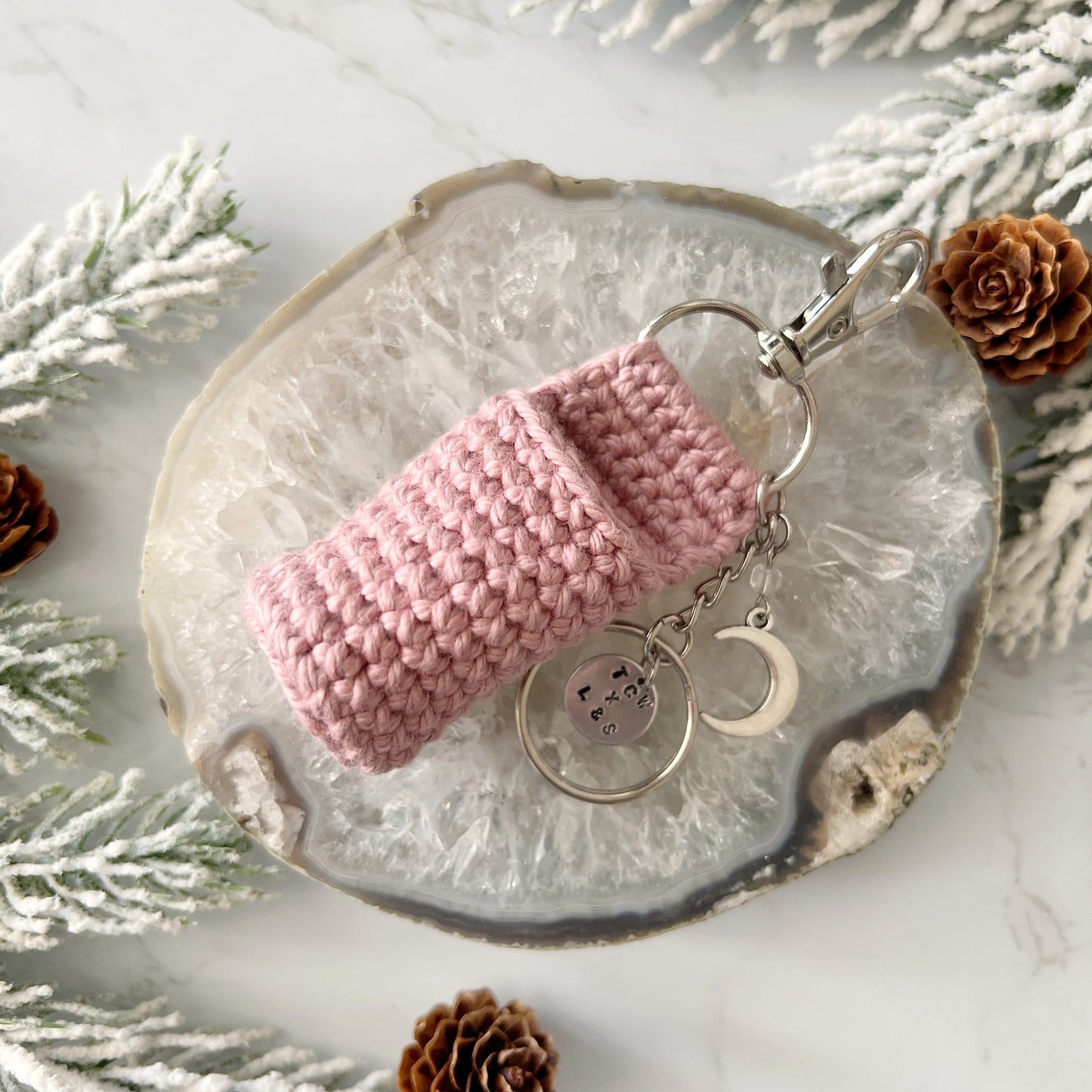 Pink crochet lip balm holder and key chain from Lather and Soul