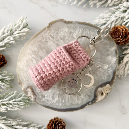 Pink crochet lip balm holder and key chain from Lather and Soul