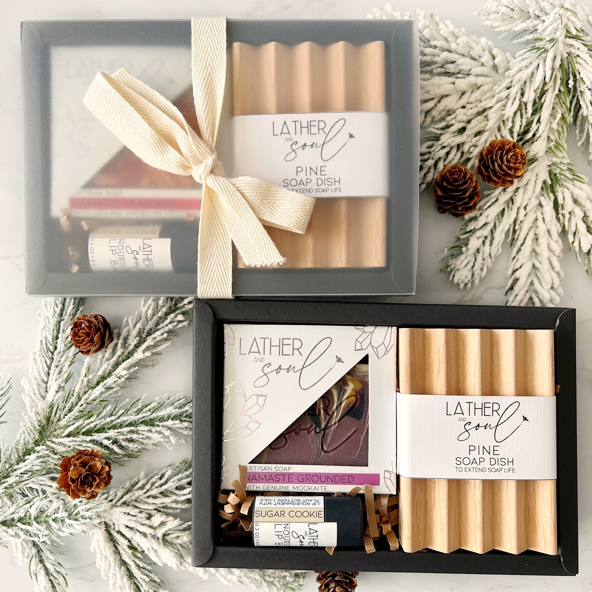The perfect gift set for the holidays from Lather + Soul, crystal soap, soap dish, and organic lip balm.
