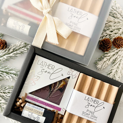 Crystal soap gift set for the holidays with a soap dish and sugar cookie lip balm