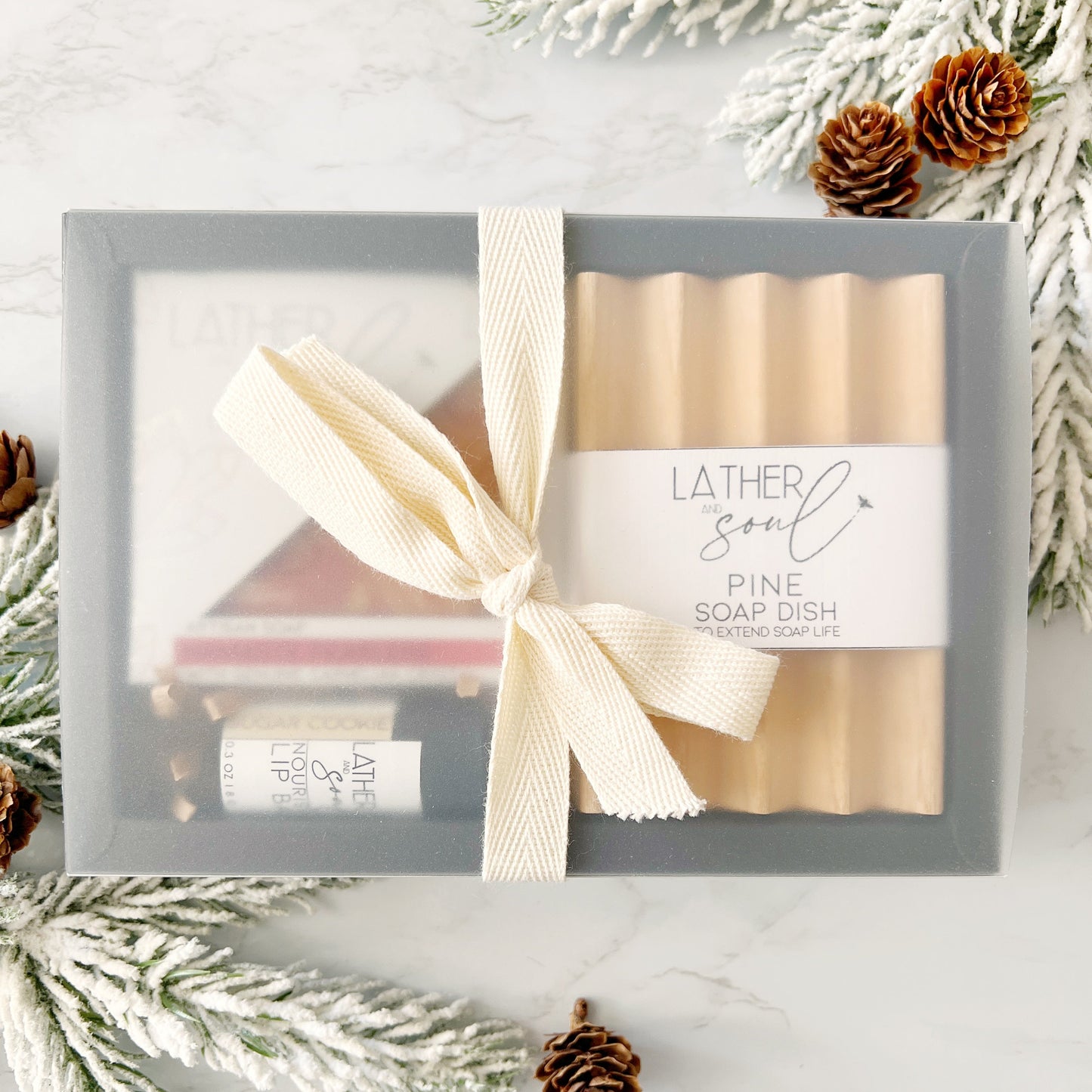 Winter Trio Gift set, with Lather + Soul soap, soap dish, and organic lip balm