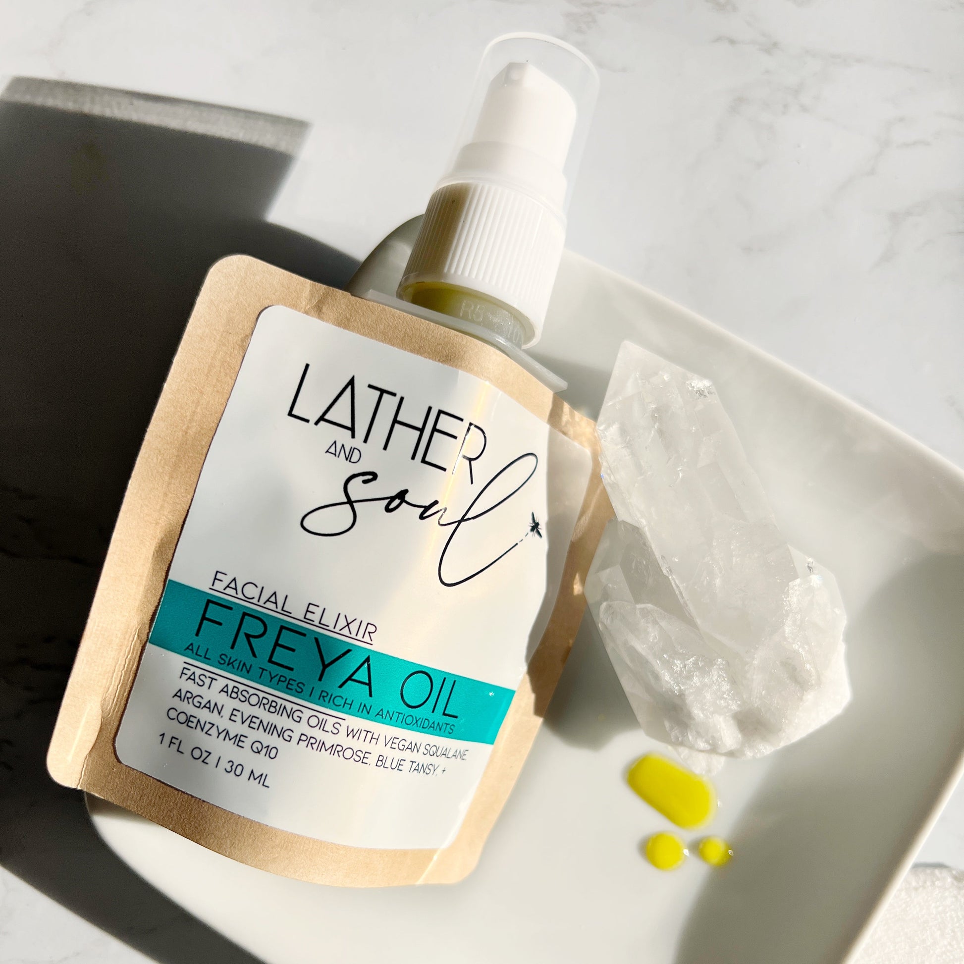 Crystal-infused facial oil with squalane and CoEnzyme Q10