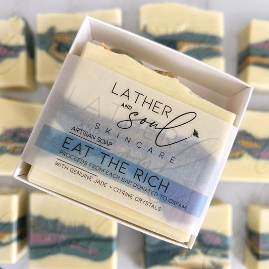 "Eat the Rich" crystal soaps where proceeds from each bar sold will be donated to Oxfam