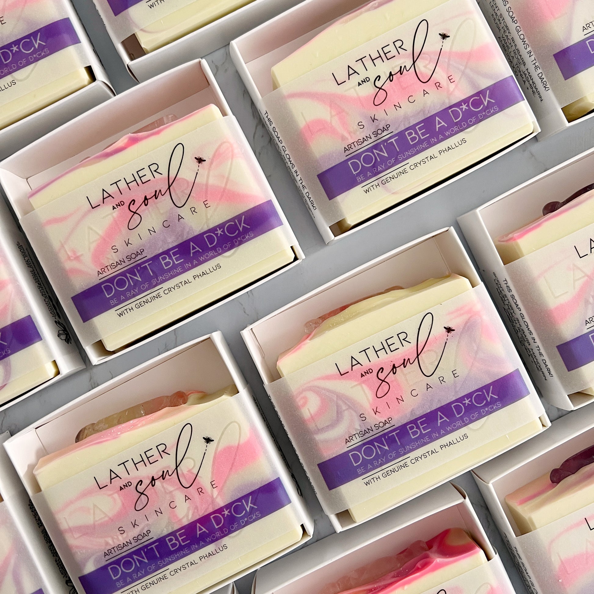 Funny "Don't Be A D*ck" crystal soaps, handmade by Lather and Soul with organic and vegan ingredients