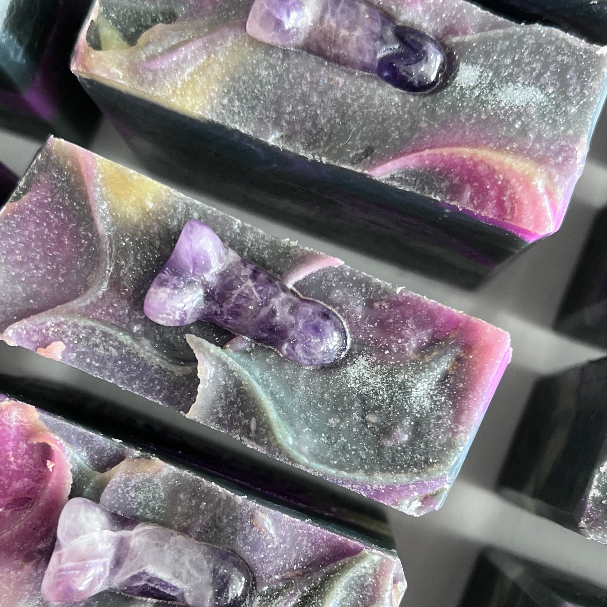 Crystal soap with amethyst phalluses on top of each bar