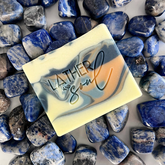 Lather and Soul's "Namaste Intuitive" sodalite crystal soap, scented in white tea, bergamot, thyme, ginger, and citrus
