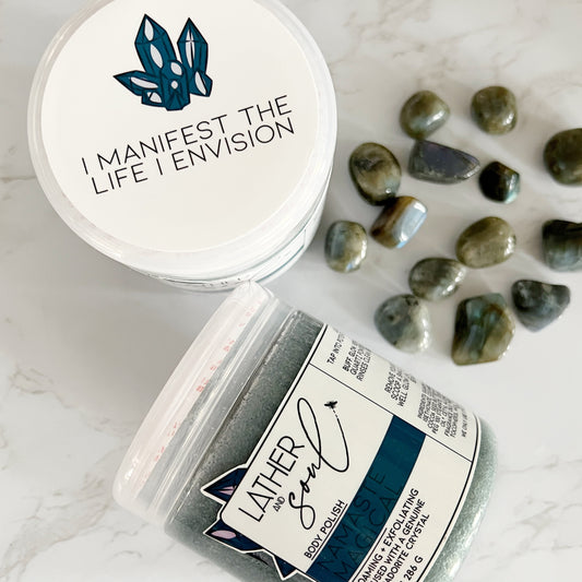 Body scrub with matching mantra and real labradorite