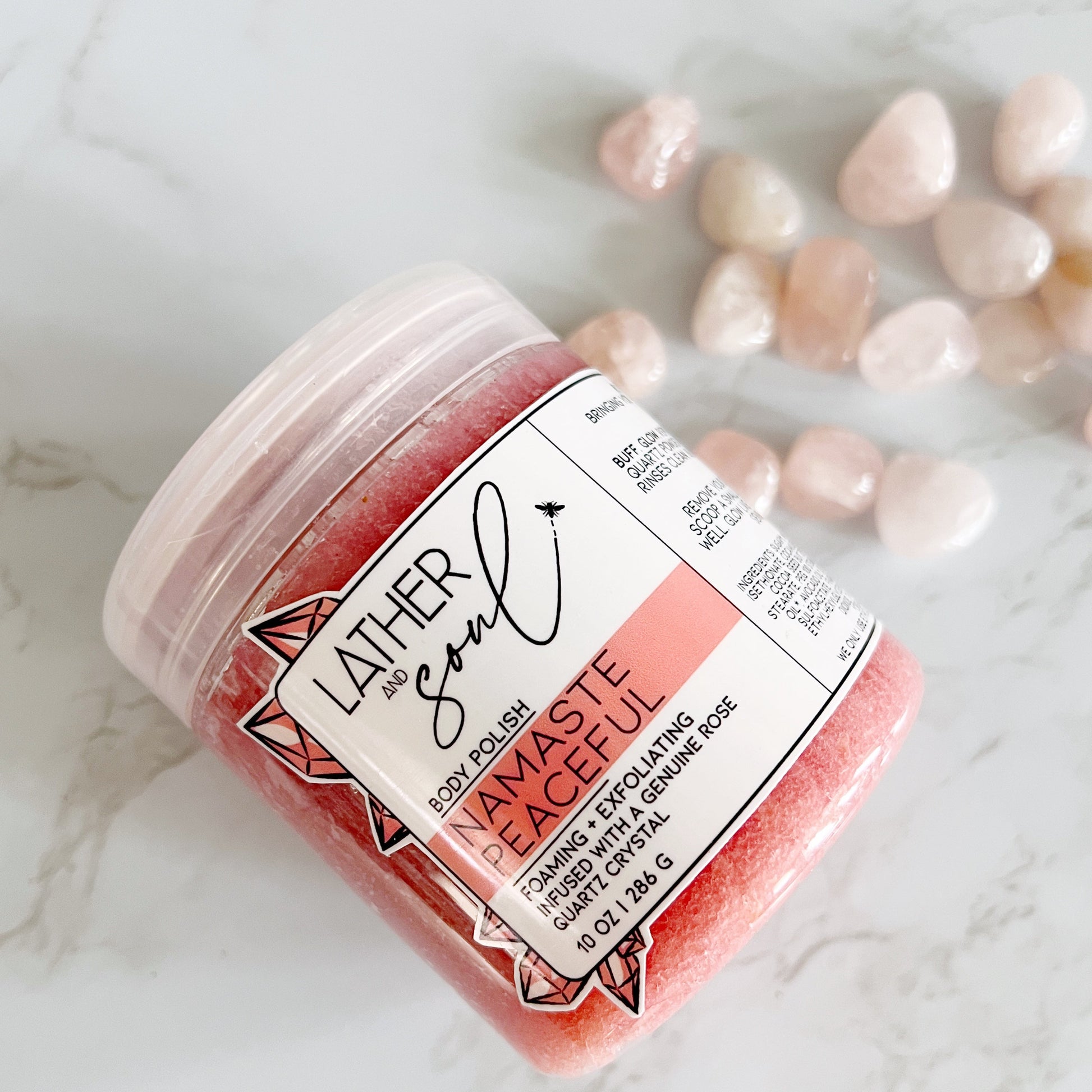 Rose quartz infused body scrub from Lather & Soul