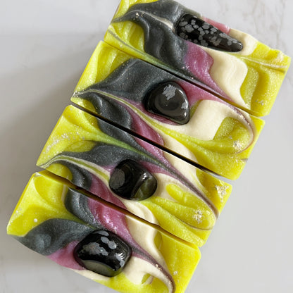 Crystal soaps with snowflake obsidian for positivity, focus, and perseverance