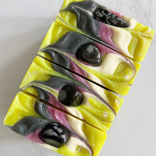 Crystal soaps with snowflake obsidian for positivity, focus, and perseverance