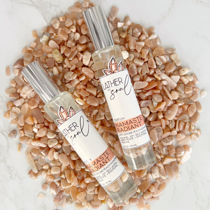 "Namaste Radiant" fine fragrance from Lather and Soul, with genuine peach moonstone crystals