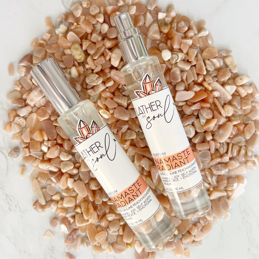 "Namaste Radiant" fine fragrance from Lather and Soul, with genuine peach moonstone crystals.