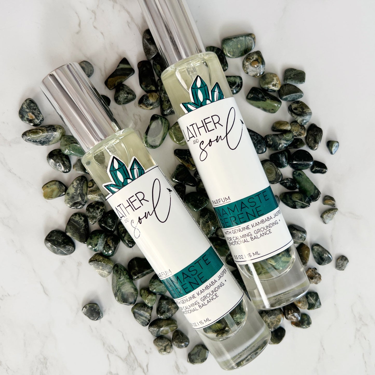 "Namaste Serene" fine fragrance from Lather and Soul, infused with kambaba jasper
