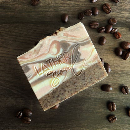 Coffee sho inspired soap with Black Moonstone crystal and coffee beans