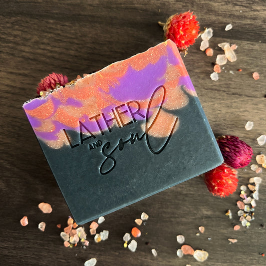 "Covenberry" crystal soap with dragons eye crystal (red tigers eye), from Lather and Soul 