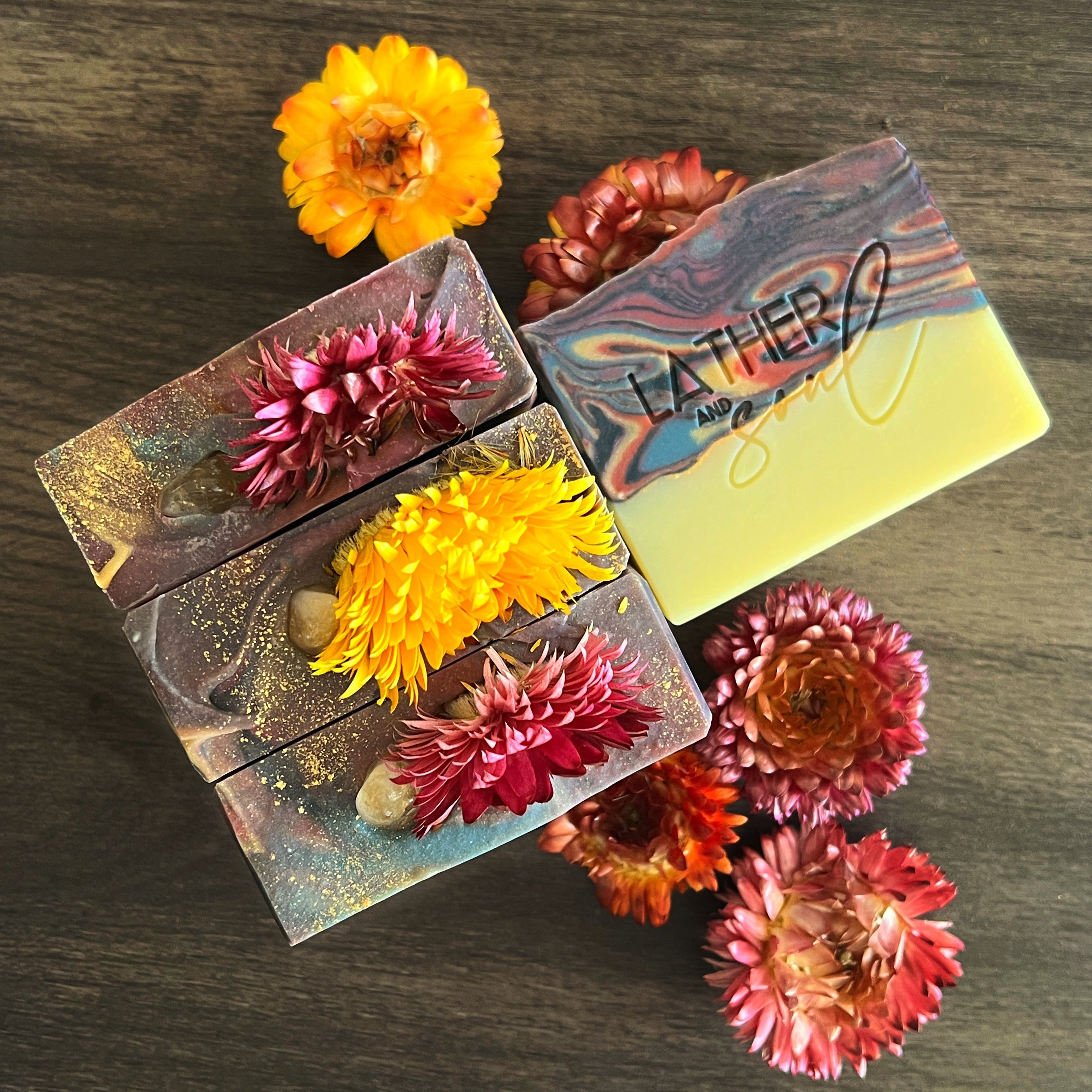"Mabon Magic" crystal soap from Lather and Soul, with genuine citrine on each bar.