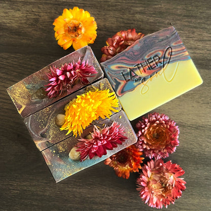 "Mabon Magic" crystal soap from Lather and Soul, with genuine citrine on each bar.