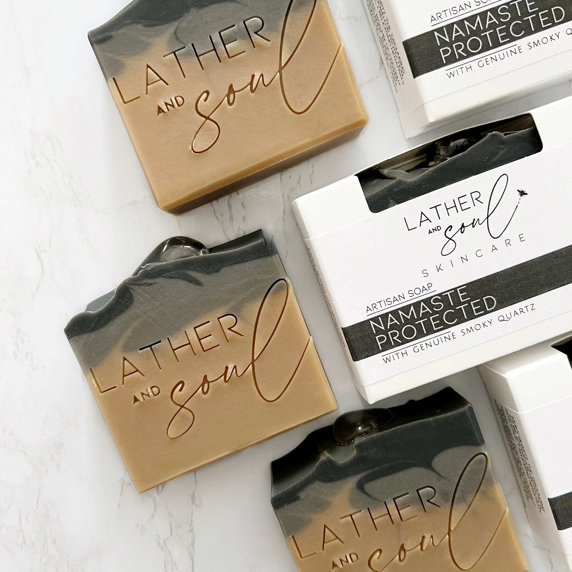 Smoky quartz crystal soaps made by Lather and Soul Skincare