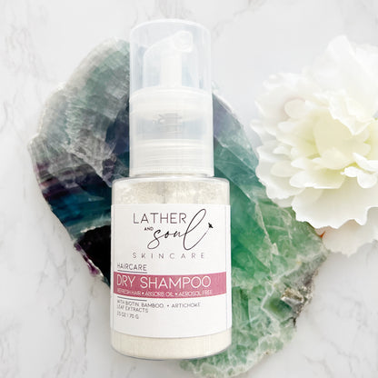 Dry shampoo powder in non-aerosol spray bottle from Lather and Soul