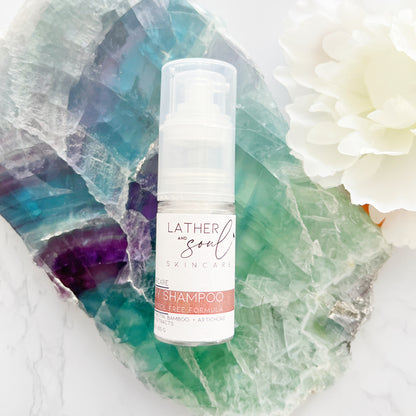 Travel size dry shampoo to refresh hair on the go, made by Lather and Soul.