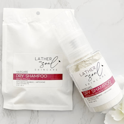 Lather and Soul's best selling dry shampoo with an eco-friendly refill pouch.