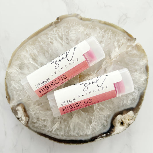 Hibiscus tinted balm by Lather + Soul.