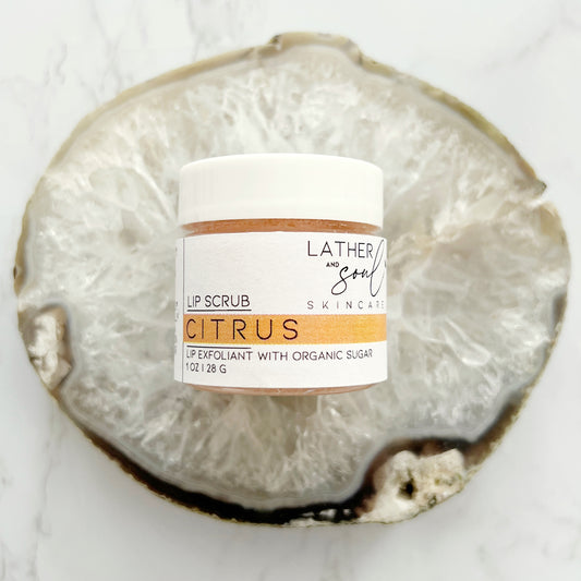 Citrus lip scrub made with organic ingredients by Lather + Soul.
