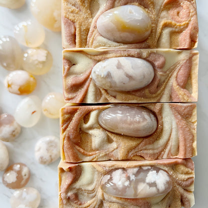 Crystal soap with genuine flower agate crystals, from Lather and Soul