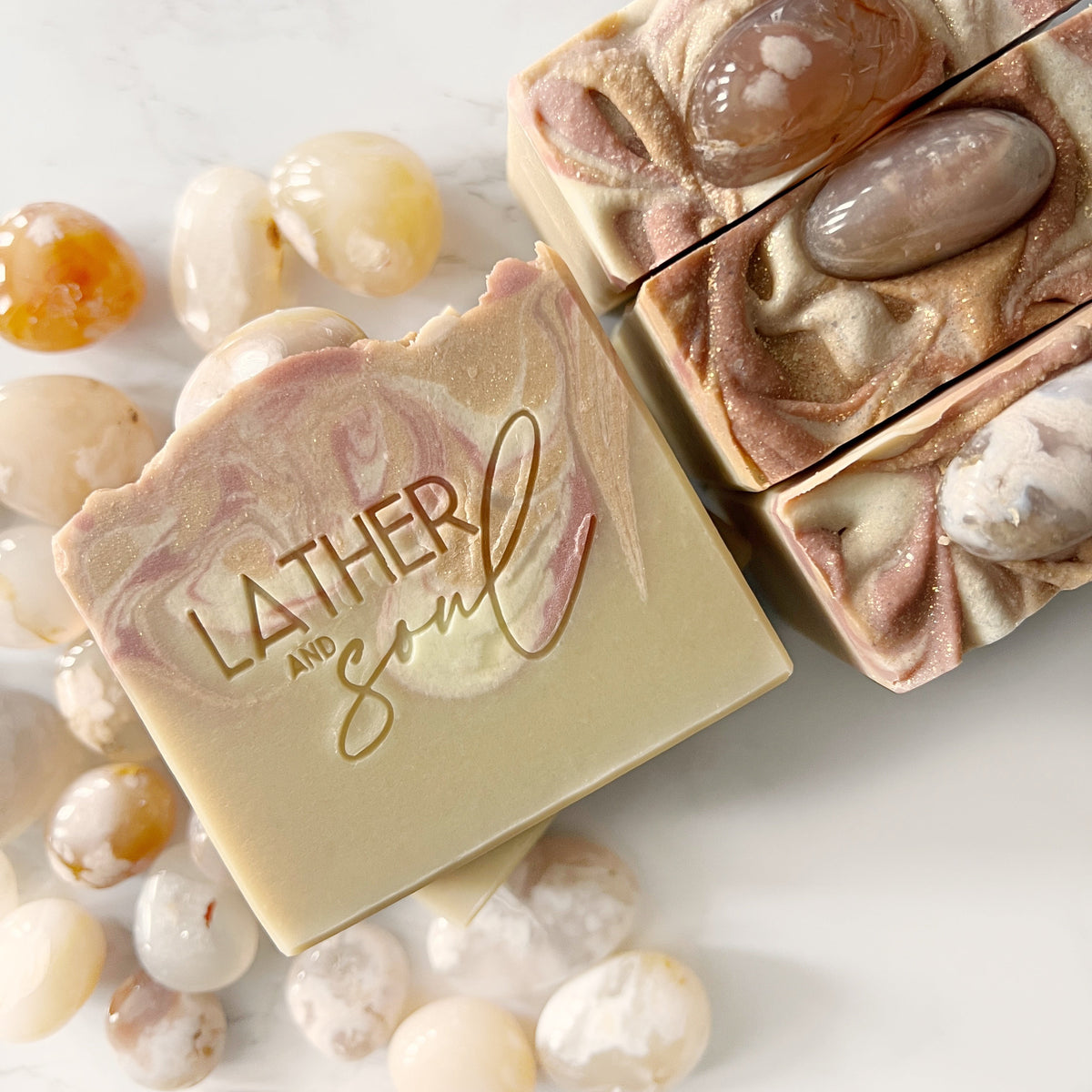Artisan soaps with flower agate, "Root + Rise" from Lather and Soul
