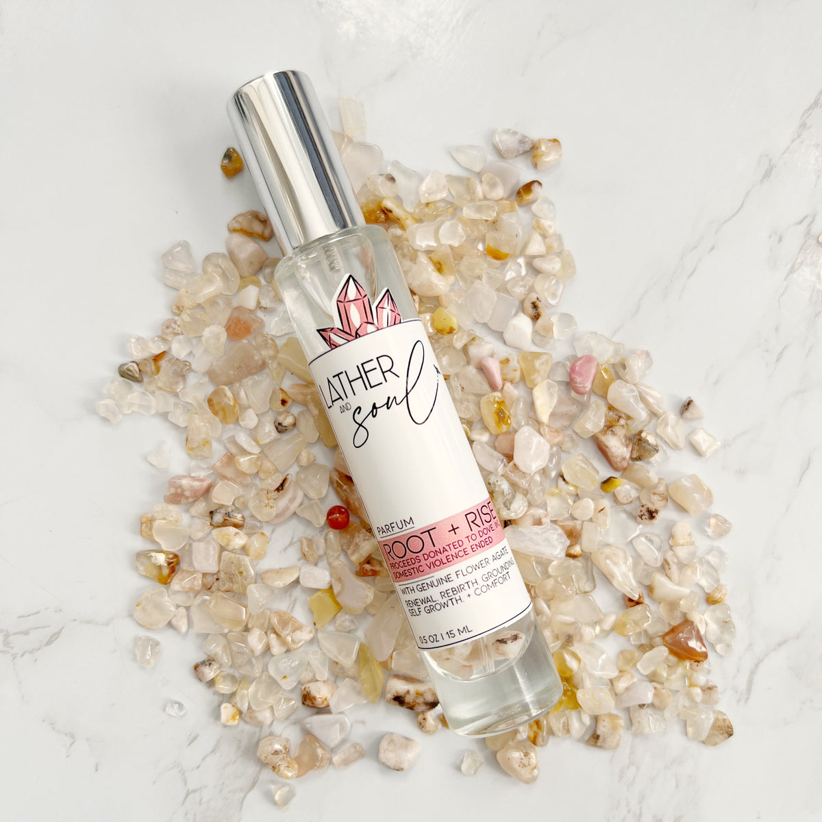 "Root + Rise" parfum with flower agate crystals, proceeds donated to DOVE, Inc