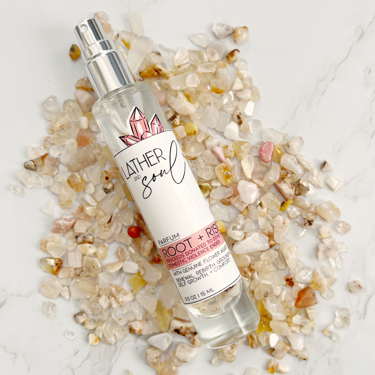 "Root + Rise" parfum with flower agate crystals, proceeds donated to DOVE, Inc