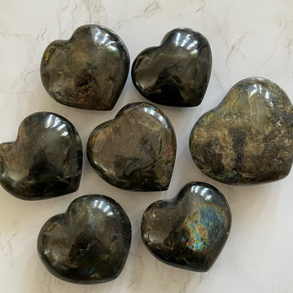 Collection of labradorite crystal hearts