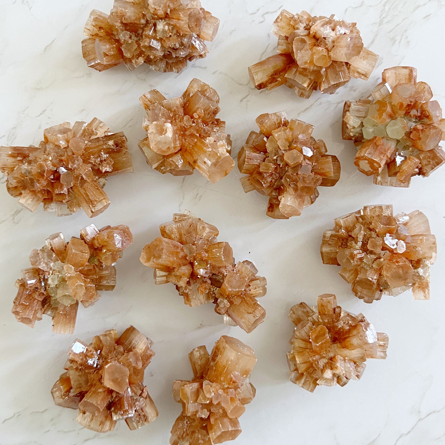 A collection of aragonite crystal clusters