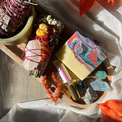 Handmade soap, cleansing bundle, perfume, and crystals for Mabon
